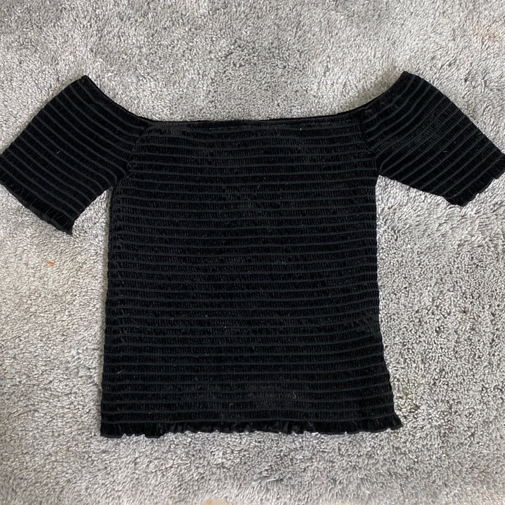 Black velvet smoked top with of the shoulder short sleeves